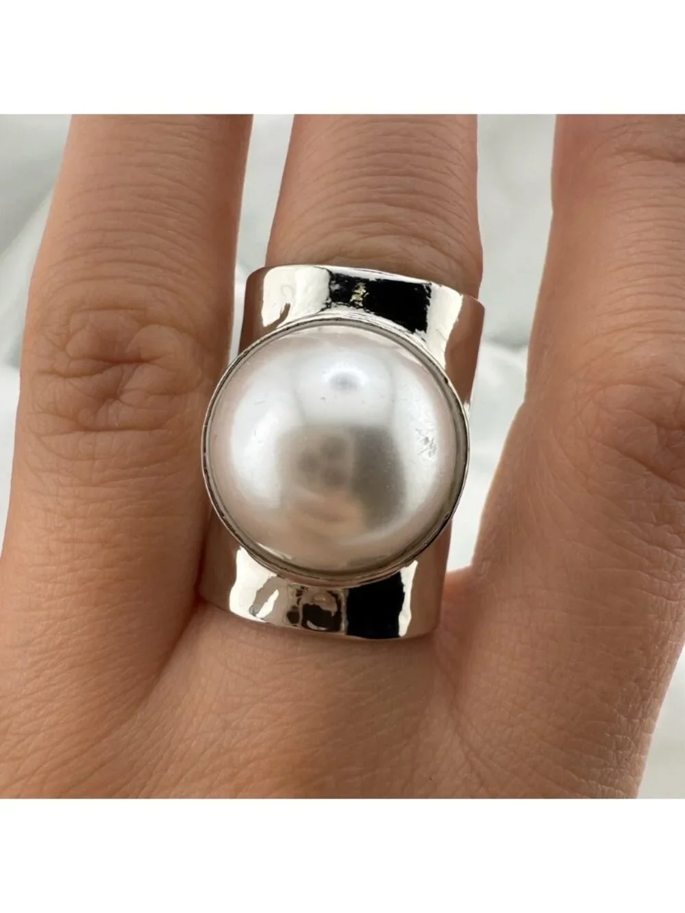 Zara new! Women’s Silver adjustable Pearl Statement Ring_2